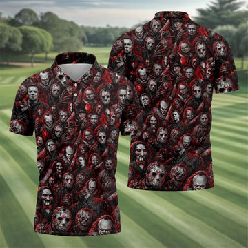 Red Horror Character Clown Collage Golf Polo Shirt, Mens Golf Polo, Printed Golf Shirts
