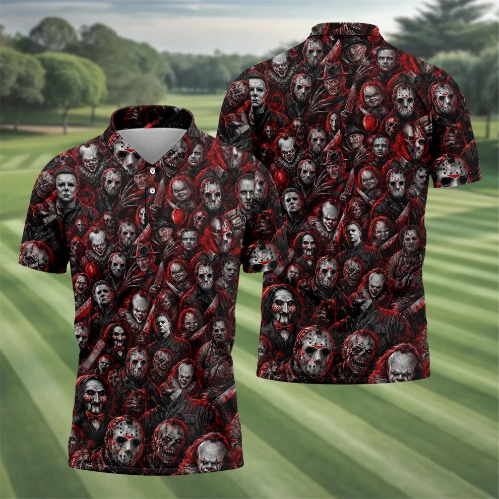 Red Horror Character Clown Collage Golf Polo Shirt, Mens Golf Polo, Printed Golf Shirts