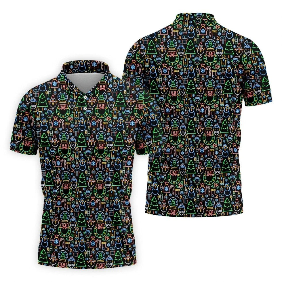 Neon Christmas Retro Style Men's Golf Polo Shirts, Christmas Golf Shirt, Polo Shirts For Men