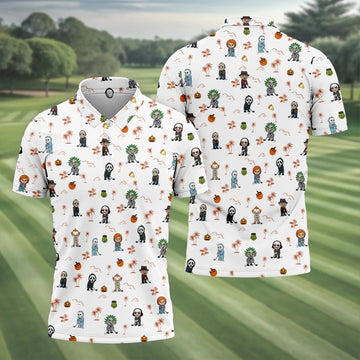 Horror Halloween Character Tropical Golf Shirt, Halloween Polo Shirt Mens White Polo, Golfing Apparel