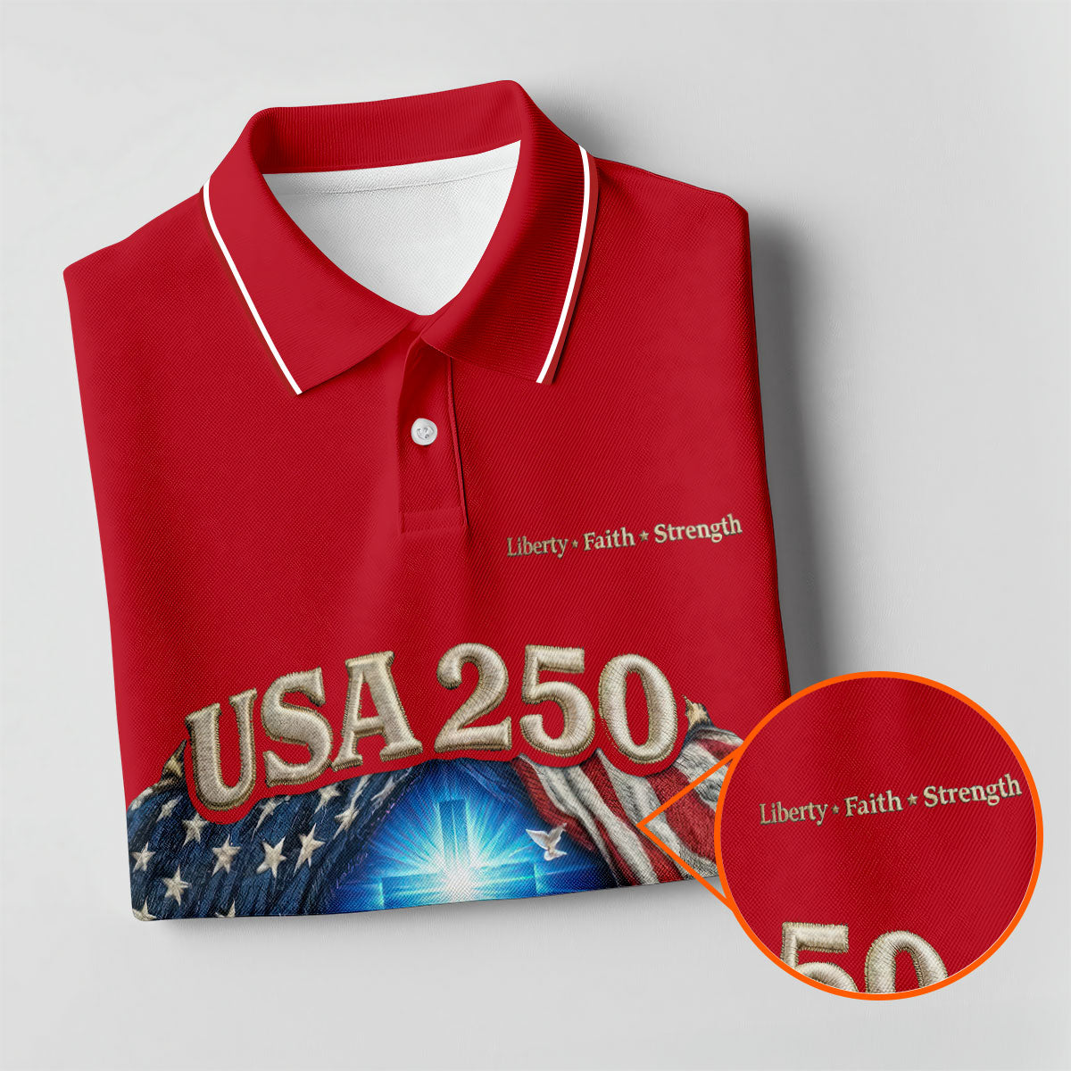 One Nation Under God Faith Cross USA 250 Red Golf Shirt, 4th Of July Golf Shirt For Women