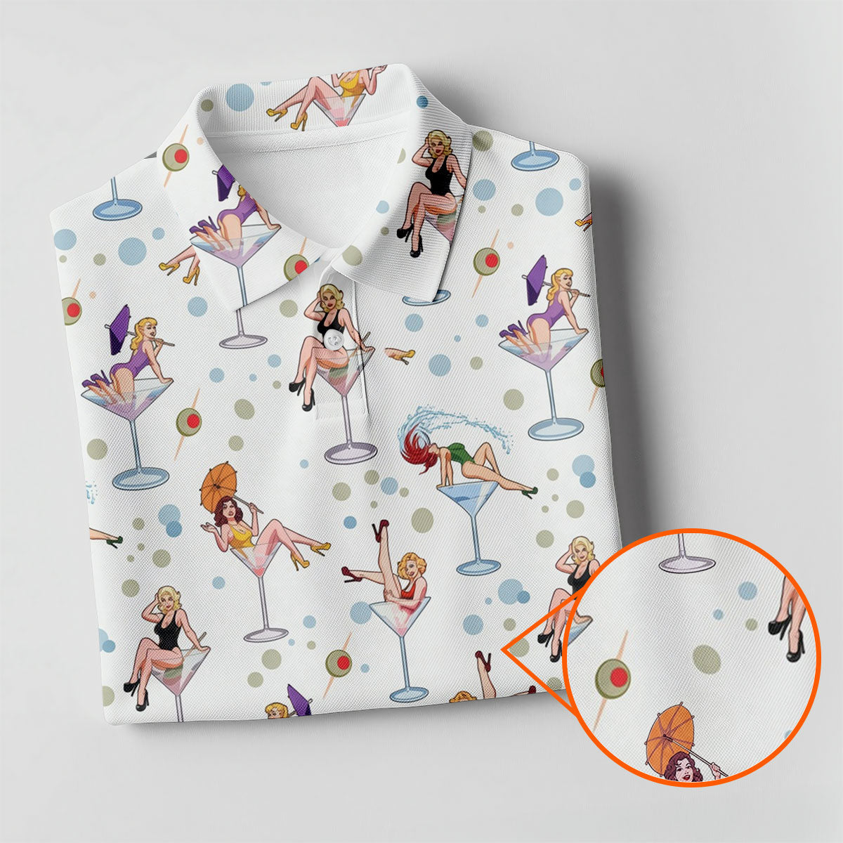 Retro Pin Up Martini Cocktail Hawaiian Golf Shirt, Ladies Golf Shirts, Performance Golf Shirt