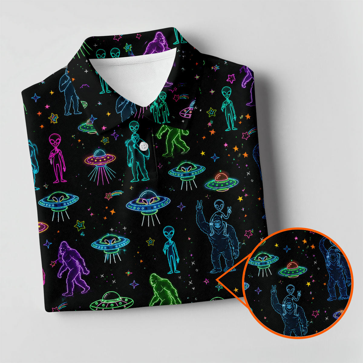 Neon Bigfoot Alien UFO Pattern Golf Polo Shirt, Men's Golf Shirt, Printed Golf Shirts