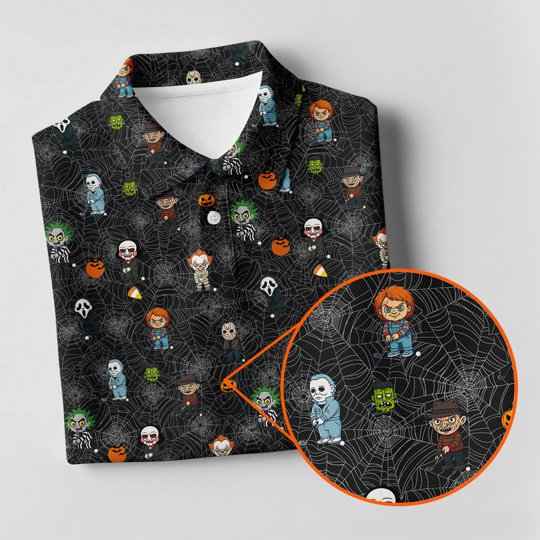 Funny Horror Character Black Golf Polo ShirtHorror Movie Shirt, Halloween Golf Shirt, Fun Golf Polos For Men