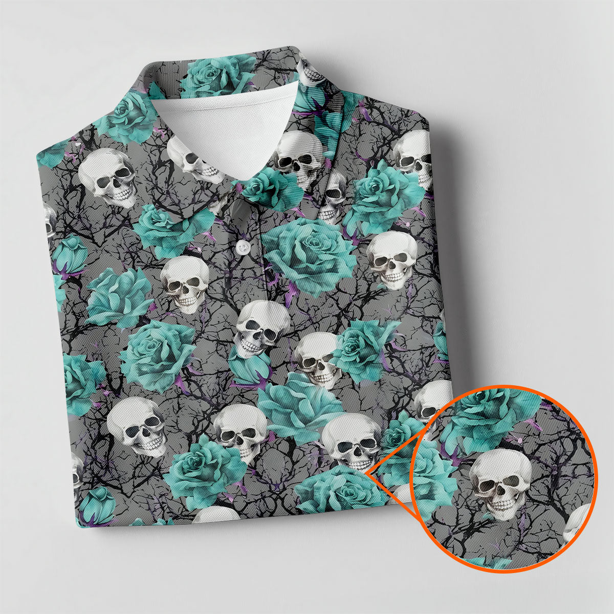 Teal Rose Skull Gothic Pattern Golf Polo Shirt, Ladies Golf Shirt, Golf Polo For Women