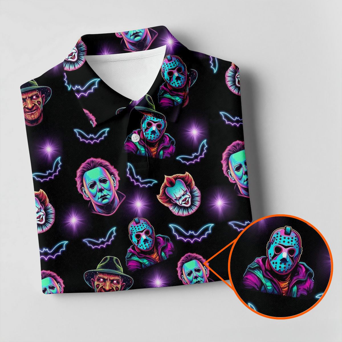Funny Horror Movie Men's Golf Shirt, Horror Character Neon Shirt, Halloween Golf Shirt, Men Golf Gift