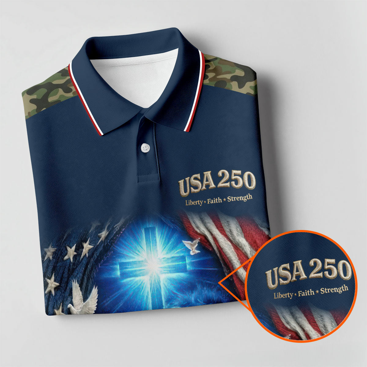 One Nation Under God Faith Cross USA 250 Navy Camo Golf Shirt, 4th Of July Golf Shirt For Women