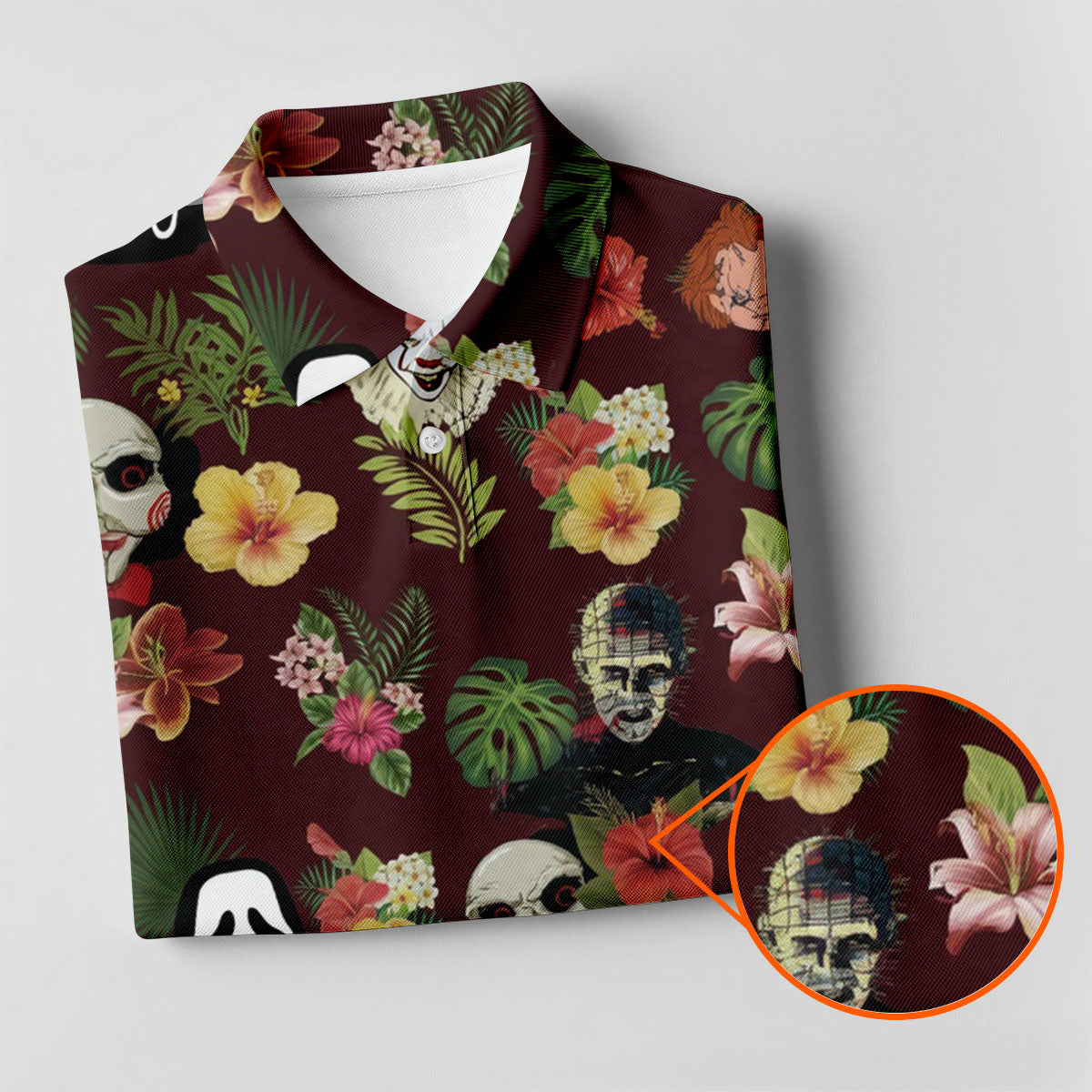 Floral Halloween Horror Character Hawaiian Golf Shirt, Men's Golf Shirt, Golf Polo Shirts For Men