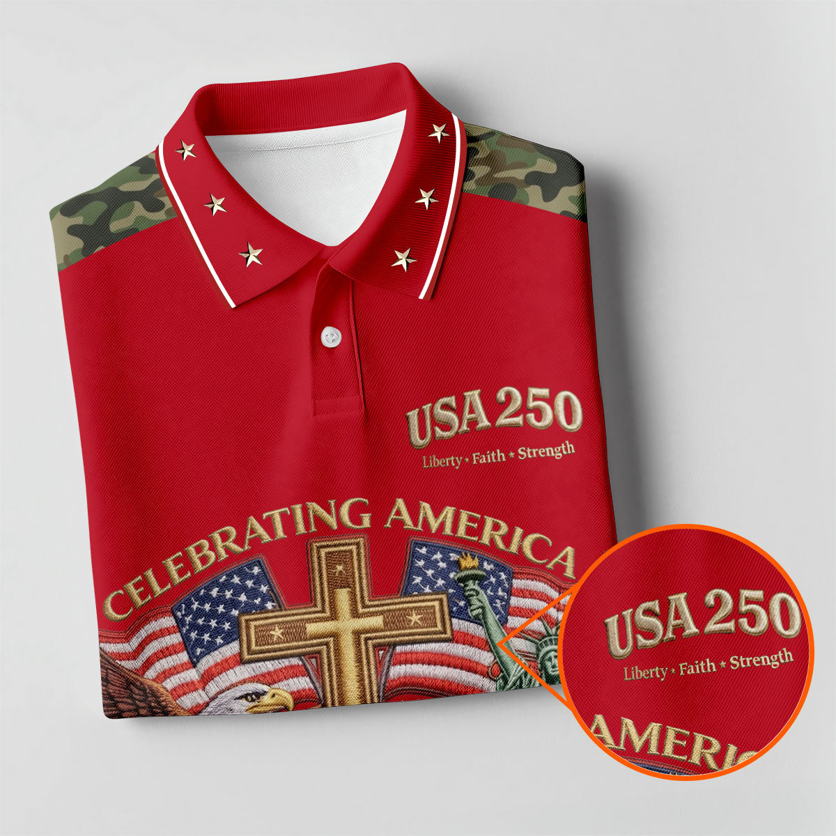 Liberty Faith Strength Faith Cross USA 250 Red Camo Golf Shirt, 4th Of July Golf Shirts For Men