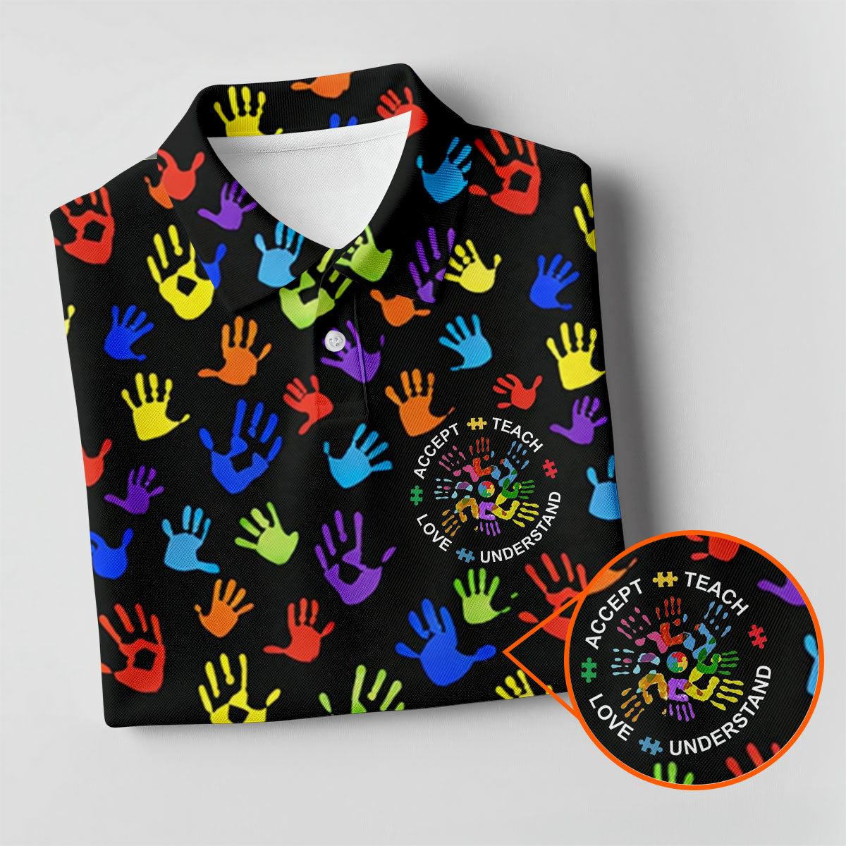 Accept Teach Understand Love Autism Awareness Colorful Handprint Black Golf Shirt, Golf Shirts For Men
