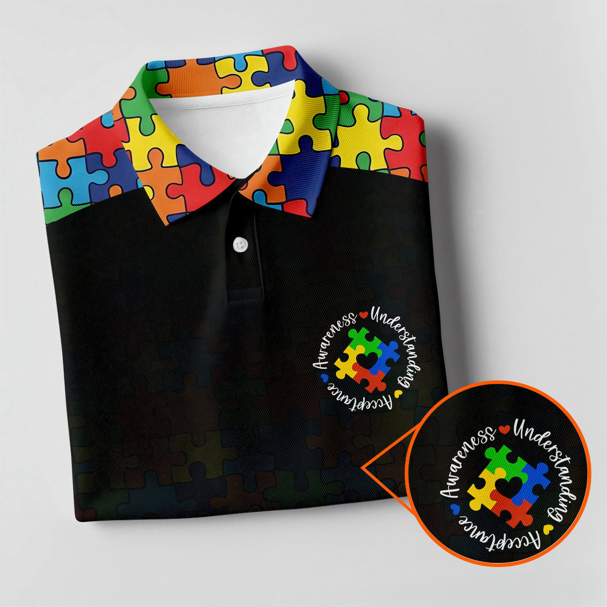Acceptance Awareness Understanding Autism Awareness Puzzle Pattern Black Fade Golf Shirts For Men