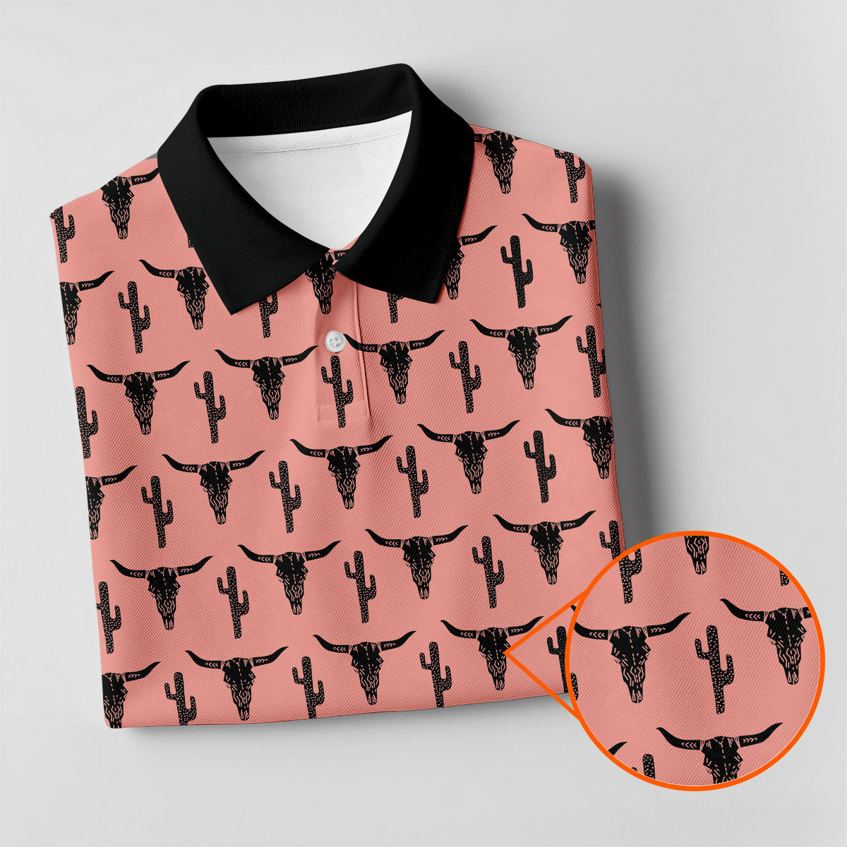 Longhorn Cow Skull Western Theme Peach Pink Golf Tops For Men, Polo Shirts For Men, Golf Shirts For Men