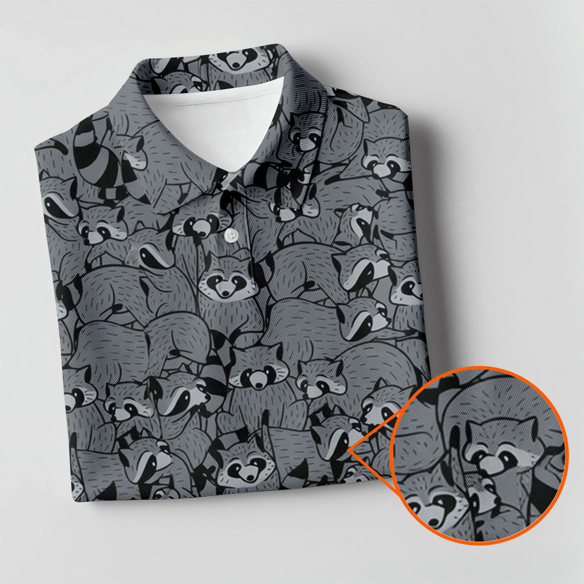 Gray Cartoon Raccoon Pattern Golf Polo Shirt, Men's Golf Shirt, Golf Polo Shirts For Men