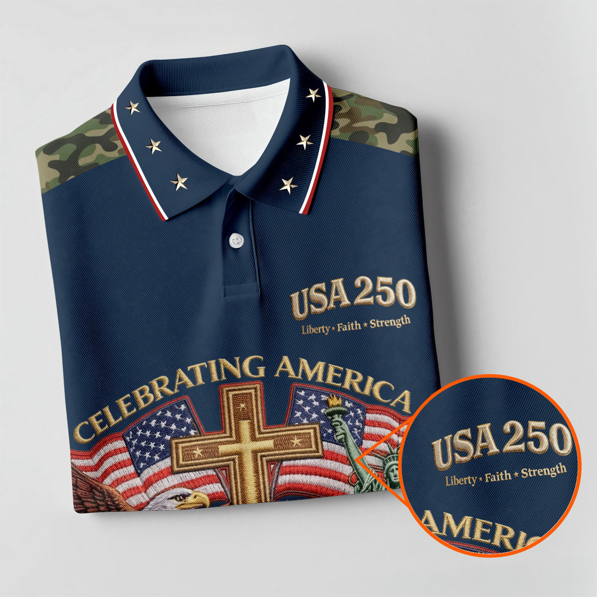 Liberty Faith Strength Faith Cross USA 250 Navy Camo Golf Shirt, 4th Of July Golf Shirt For Women