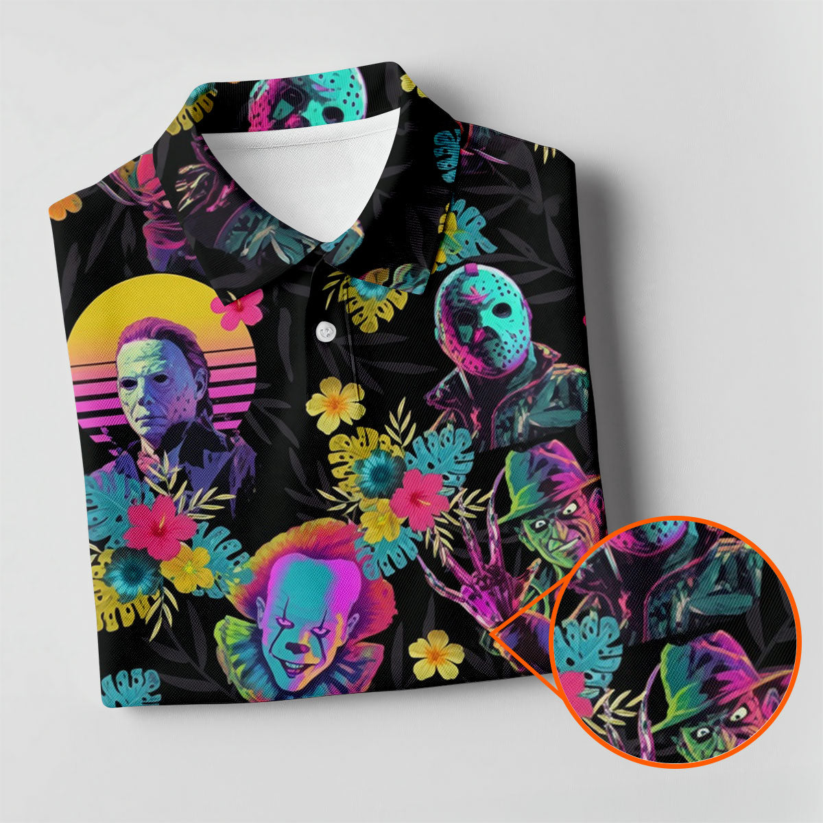 Neon Floral Halloween Horror Character Hawaiian Golf Shirt, Men's Golf Shirt, Mens Golf Polo