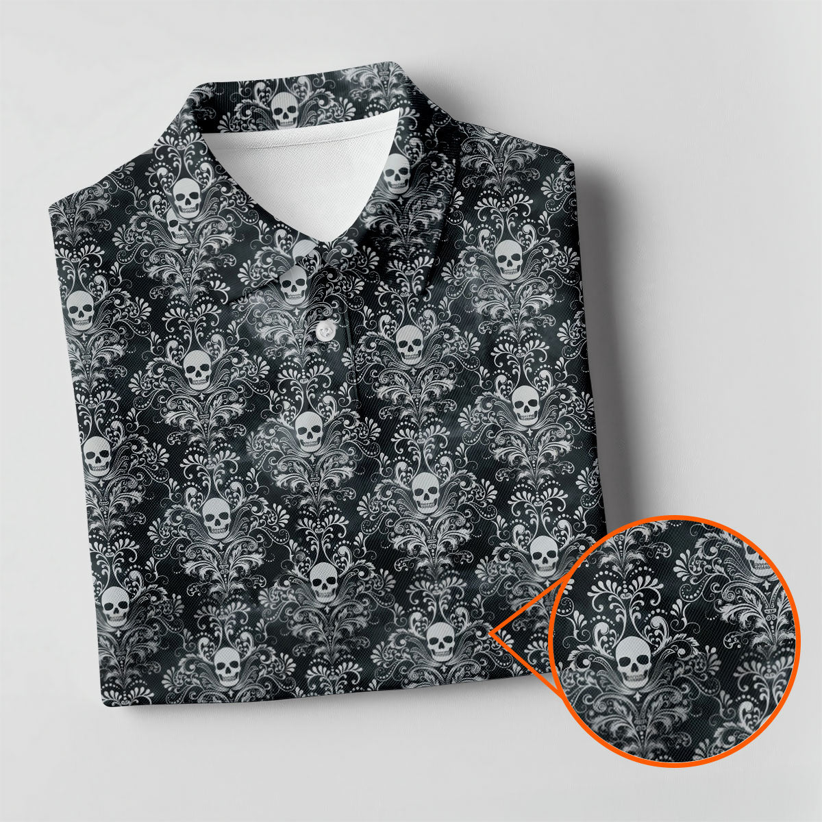 Skull Damask Charcoal Grey Gothic Floral Golf Tops For Men, Polo Shirts For Men, Golf Shirts For Men