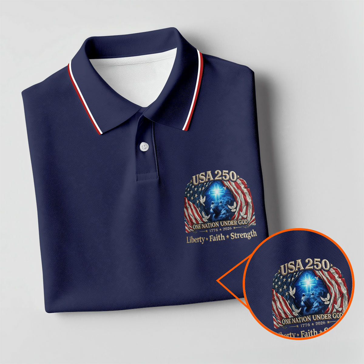 One Nation Under God Faith Cross USA 250 Logo Navy Golf Shirt, 4th Of July Golf Shirt For Women