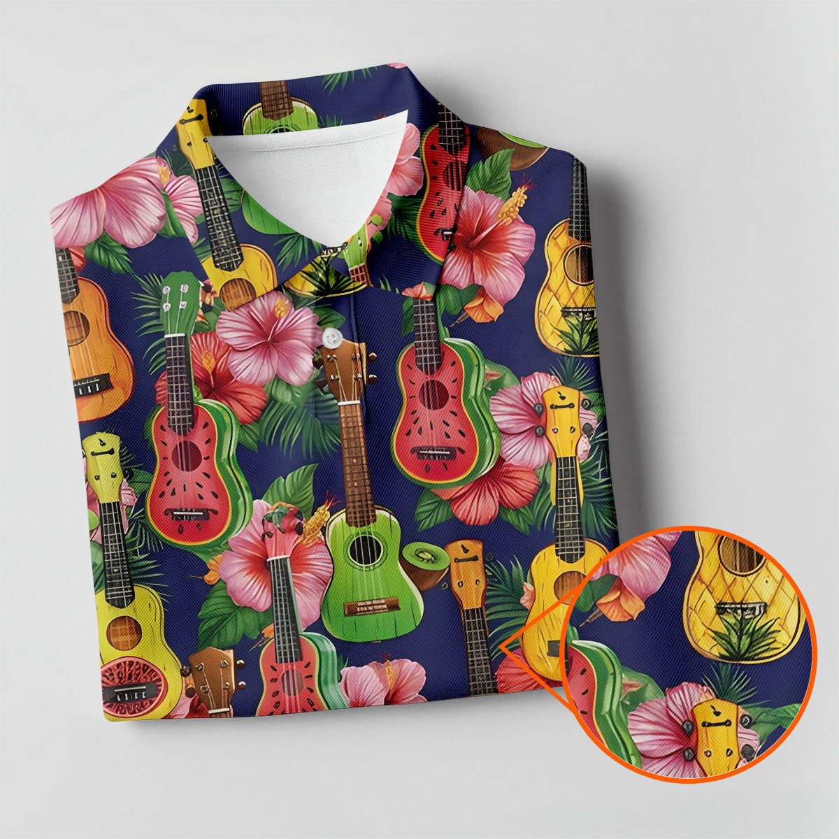 Tropical Ukulele Fruit Pattern 250 Retro Golf Shirt, Hawaiian Vibe Golf Shirts For Men