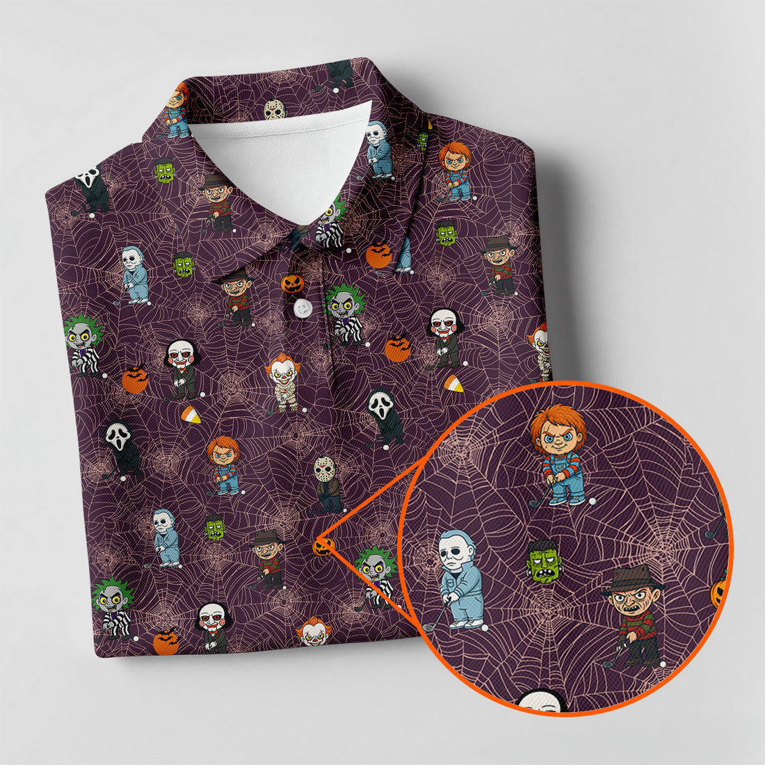 Funny Horror Character Purple Golf Polo ShirtHorror Movie Shirt, Halloween Golf Shirt, Fun Golf Polos For Men