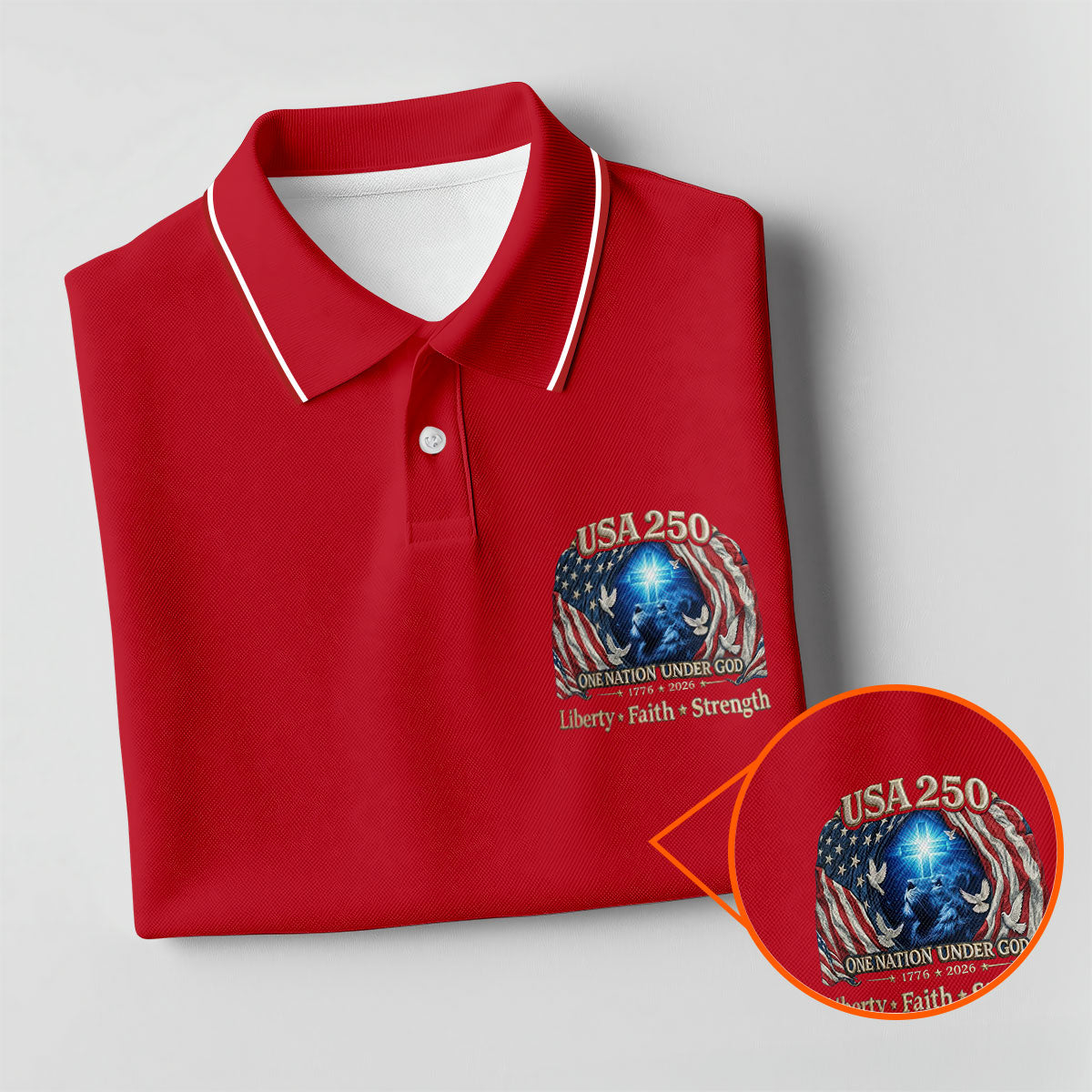 One Nation Under God Faith Cross USA 250 Logo Red Golf Shirt, 4th Of July Golf Shirts For Men