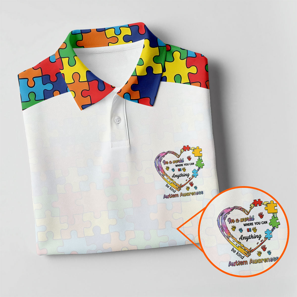 In A World Where You Can Be Anything Be Kind Autism Awareness Puzzle Pattern White Fade Women's Golf Tops