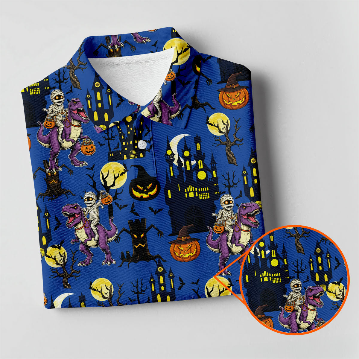 Dinosaur Mummy Pumpkin Halloween Polo Shirt, Mens Golf Shirts, Golf Polo Shirts For Men