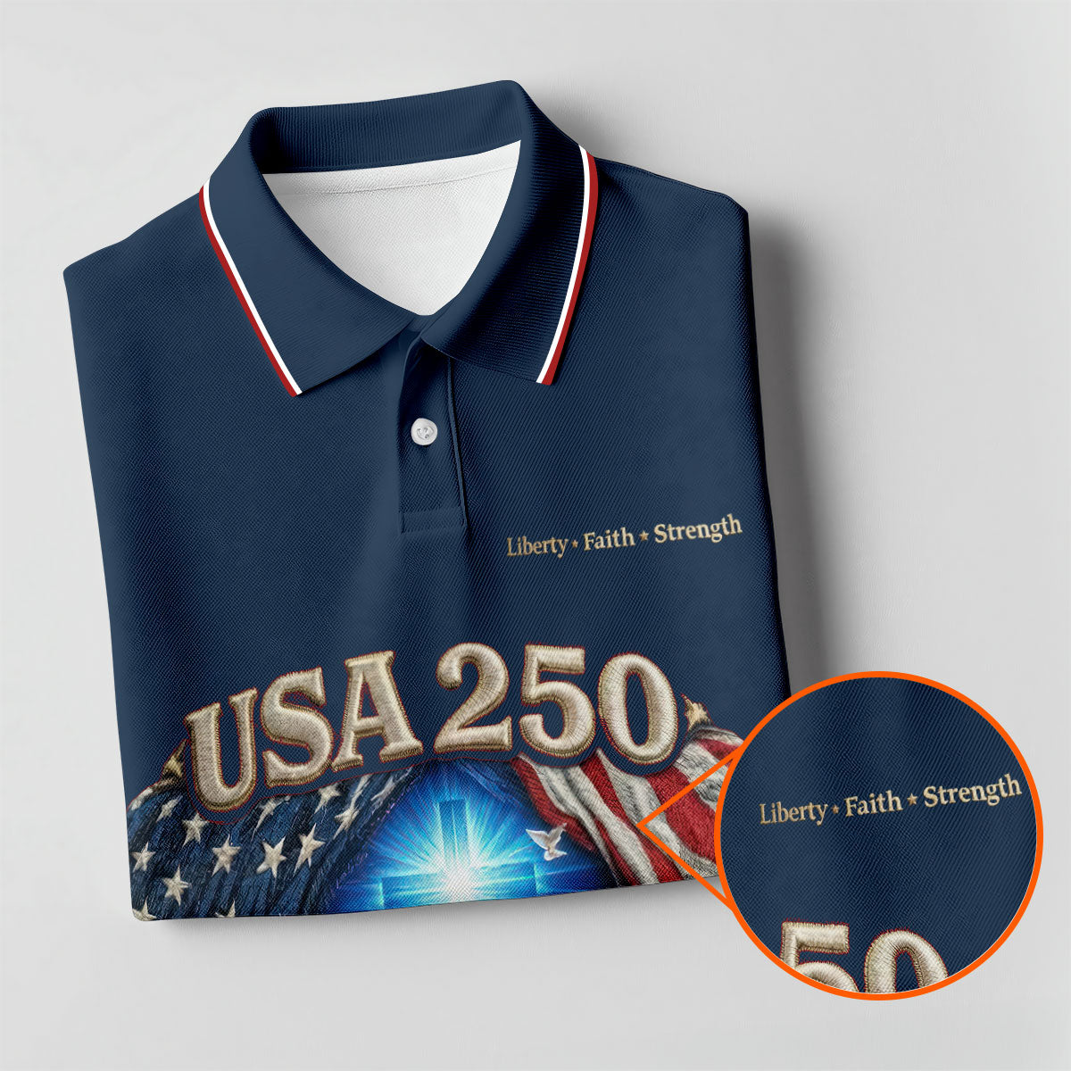 One Nation Under God Faith Cross USA 250 Navy Golf Shirt, 4th Of July Golf Shirt For Women