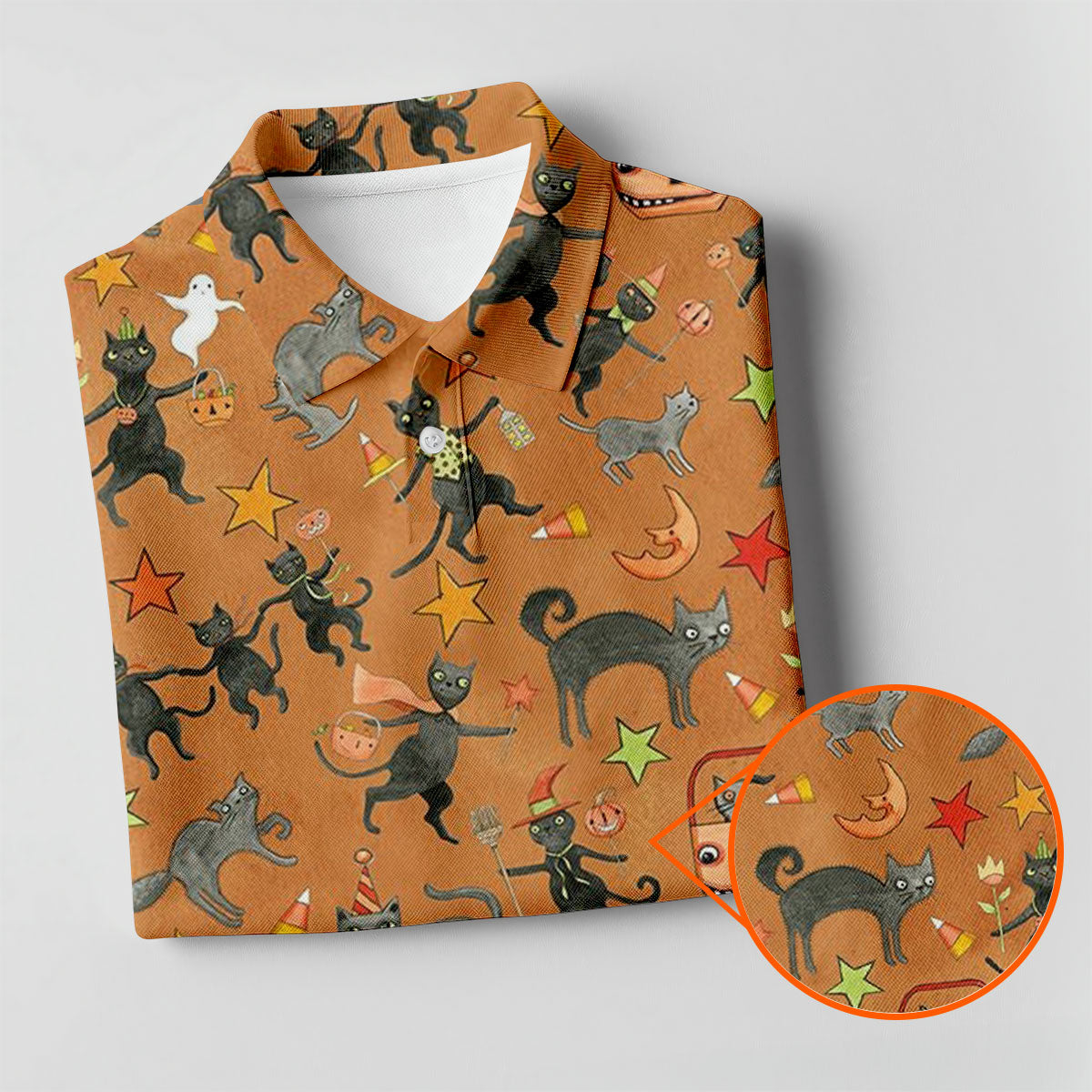 Vintage Black Cat Halloween Pattern Polo Shirt, Mens Golf Polo, Golf Apparel For Men
