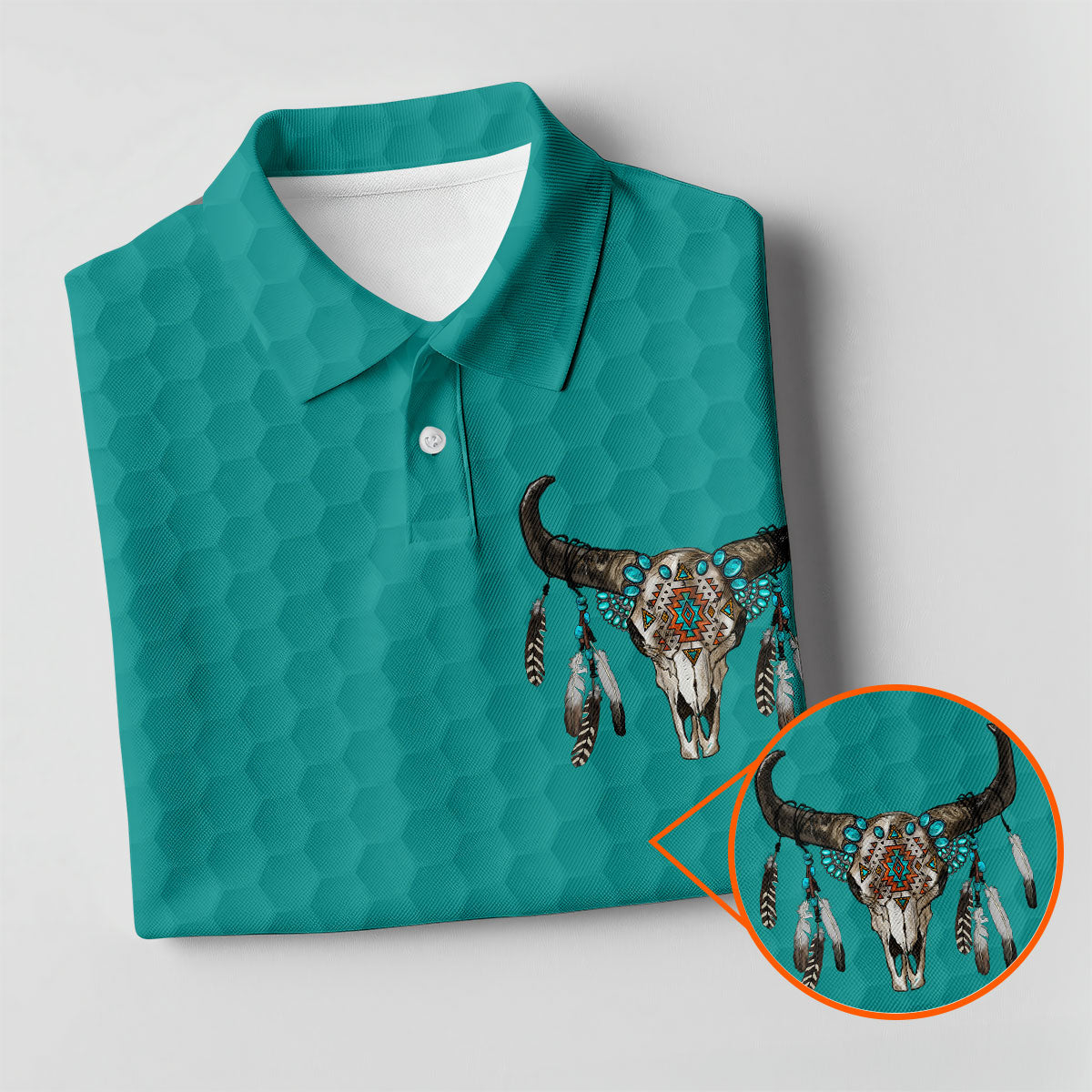 Turquoise Southwestern Bull Skull Golf Polo Shirt, Printed Golf Shirts, Golf Shirts For Men