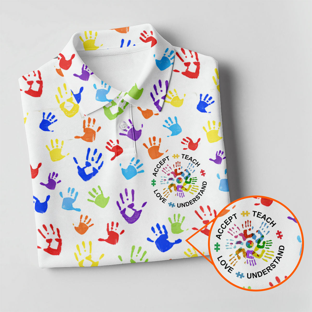 Accept Teach Understand Love Autism Awareness Colorful Handprint White Golf Shirt, Golf Shirts For Men