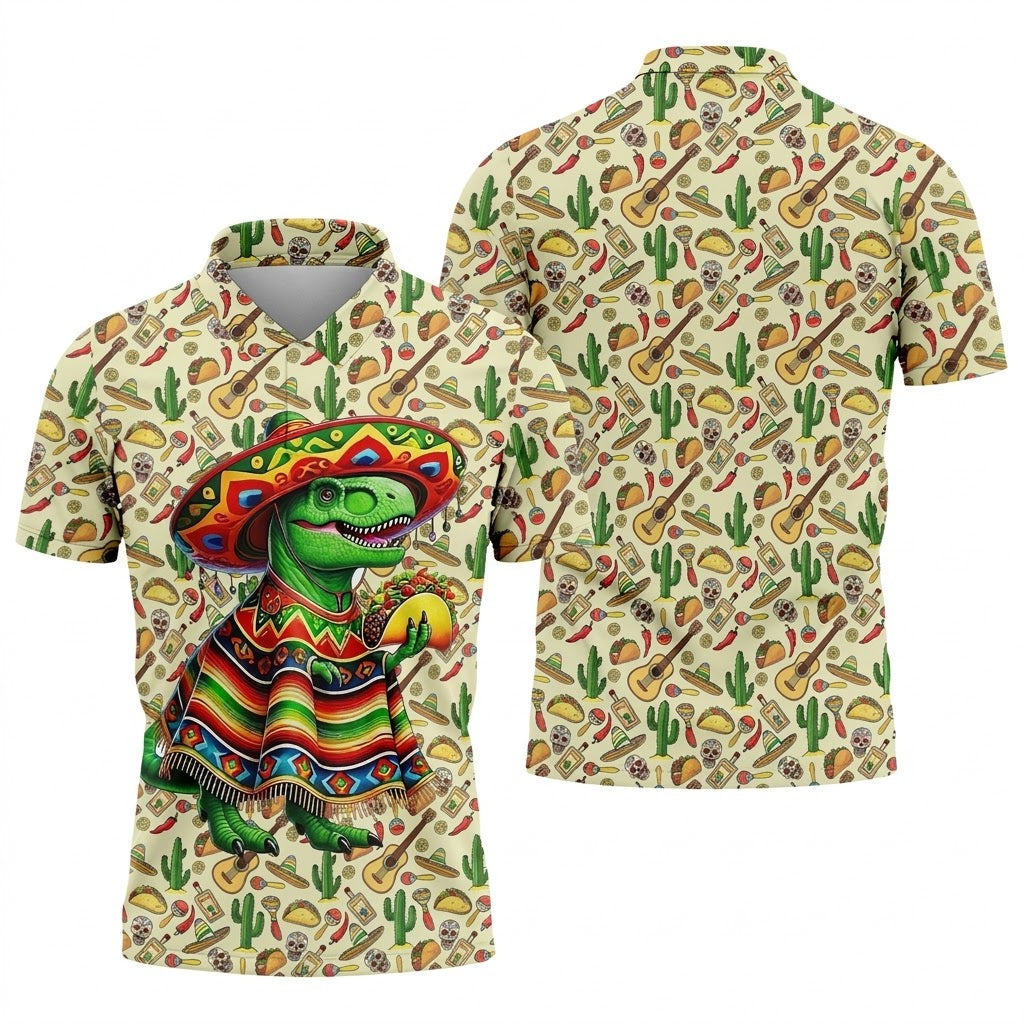 Dinosaur Taco Fiesta Time Golf Tops For Men, Cinco De Mayo Celebration Golf Shirts For Men