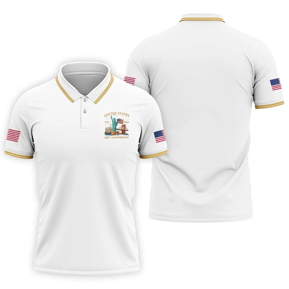 American Symbols White Patriotic Golf Shirt, US 250 Years 4th Of July Golf Shirts For Men