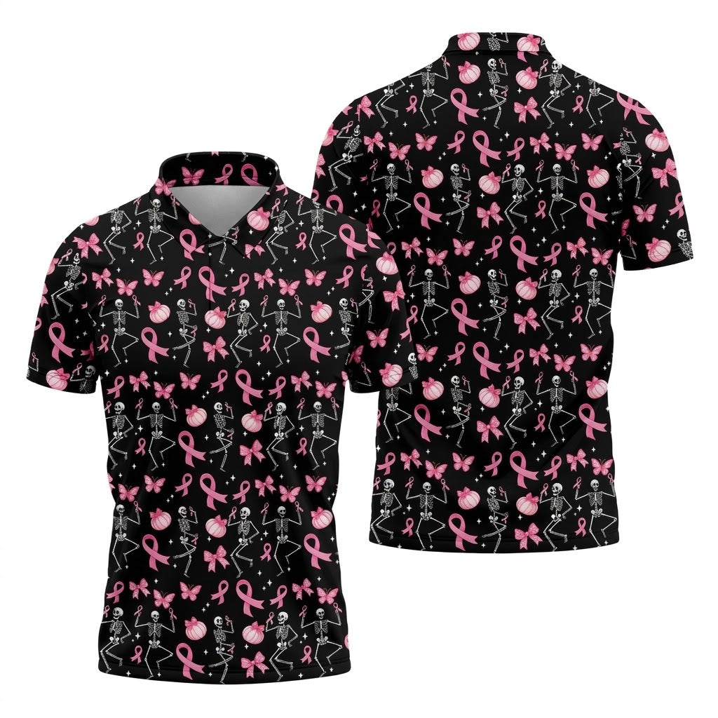 Funny Skeleton Breast Cancer Men's Golf Shirt, Breast Cancer Awareness Shirt, Golf Gift For Men