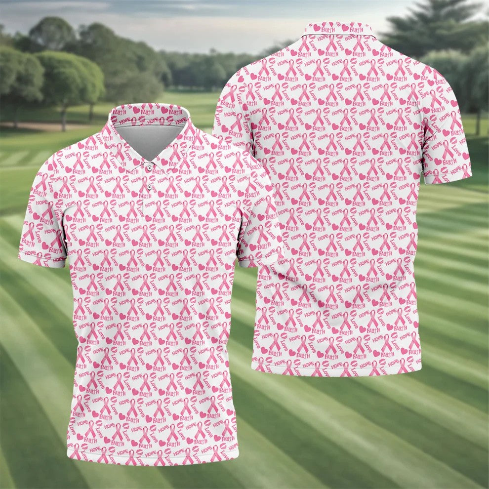 Hope Love Faith Pink Ribbon Breast Cancer Golf Shirt, Men's Golf Shirt, Mens Golf Apparel