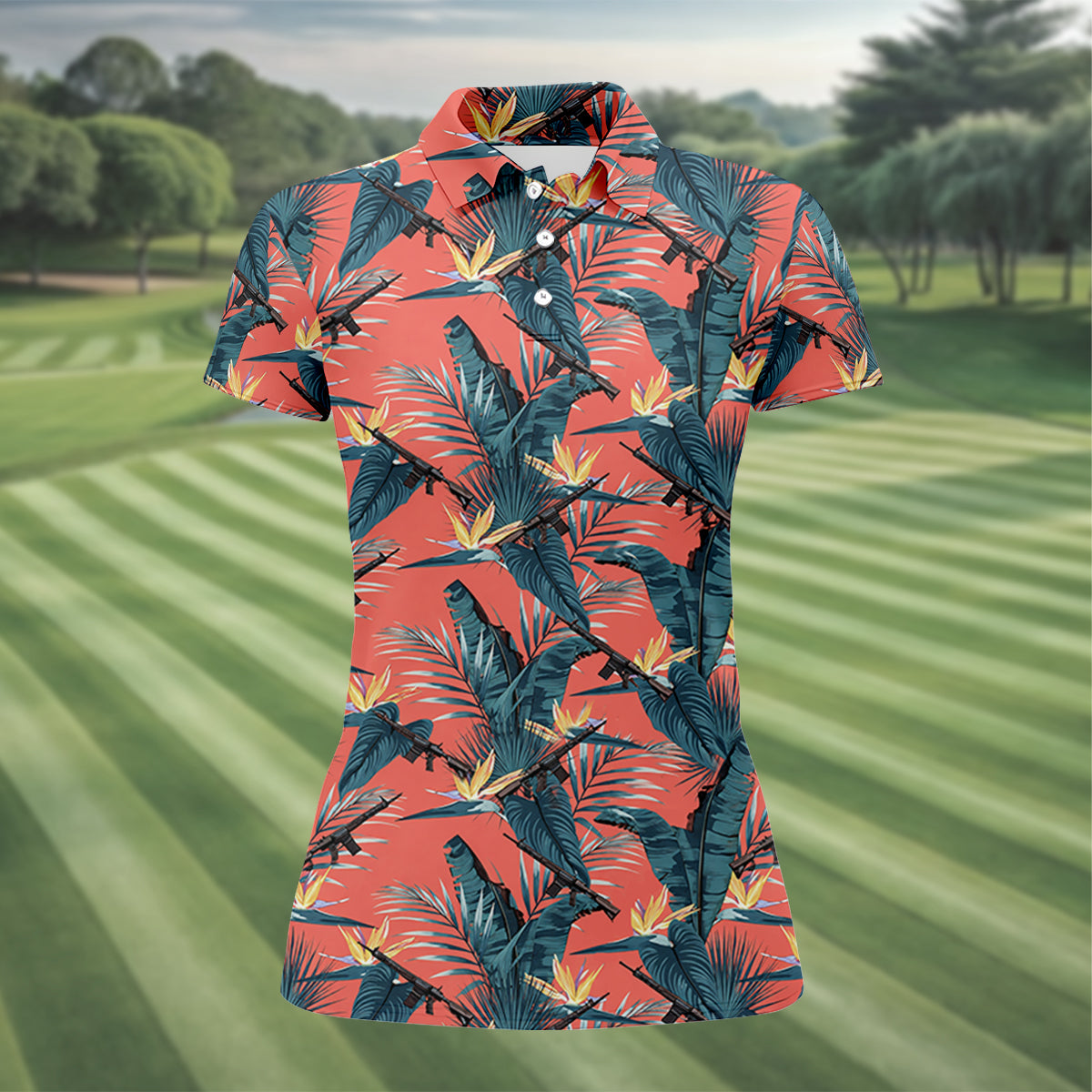 Tropical Palm Leaf And Rifle Pattern Coral Golf Polo, Women’s Golf Apparel, Performance Golf Shirt