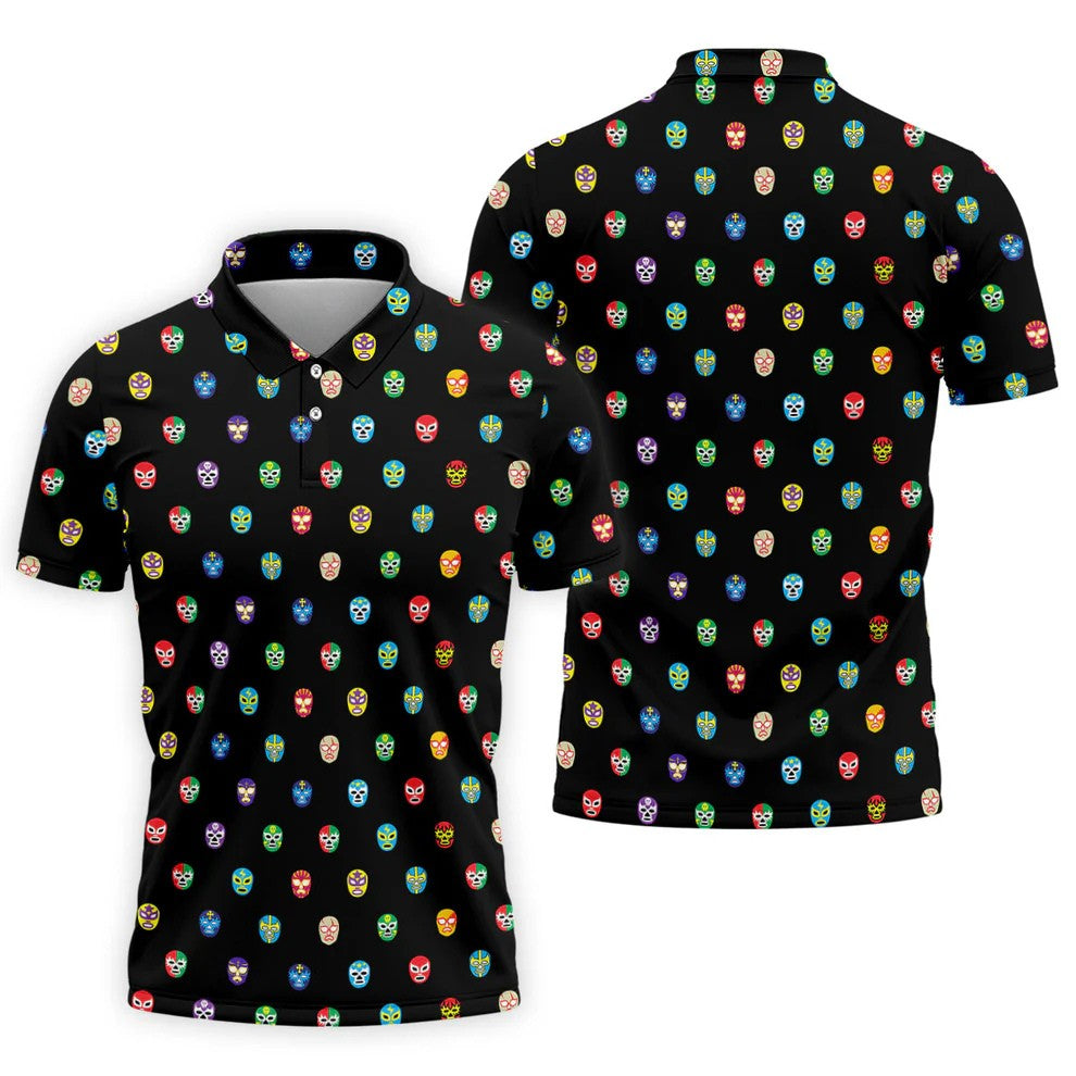 Colorful Retro Mask Print Golf Polo Shirt, Golf Shirts For Men, Printed Golf Shirts
