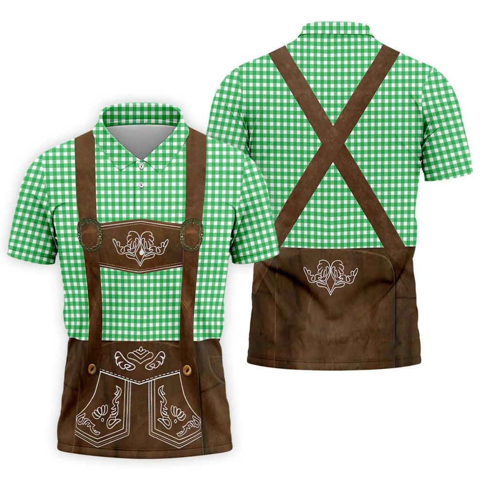 Green Oktoberfest Lederhosen Illusion Sleeveless Golf Polo, Men's Golf Shirt, Golf Polo Shirts For Men