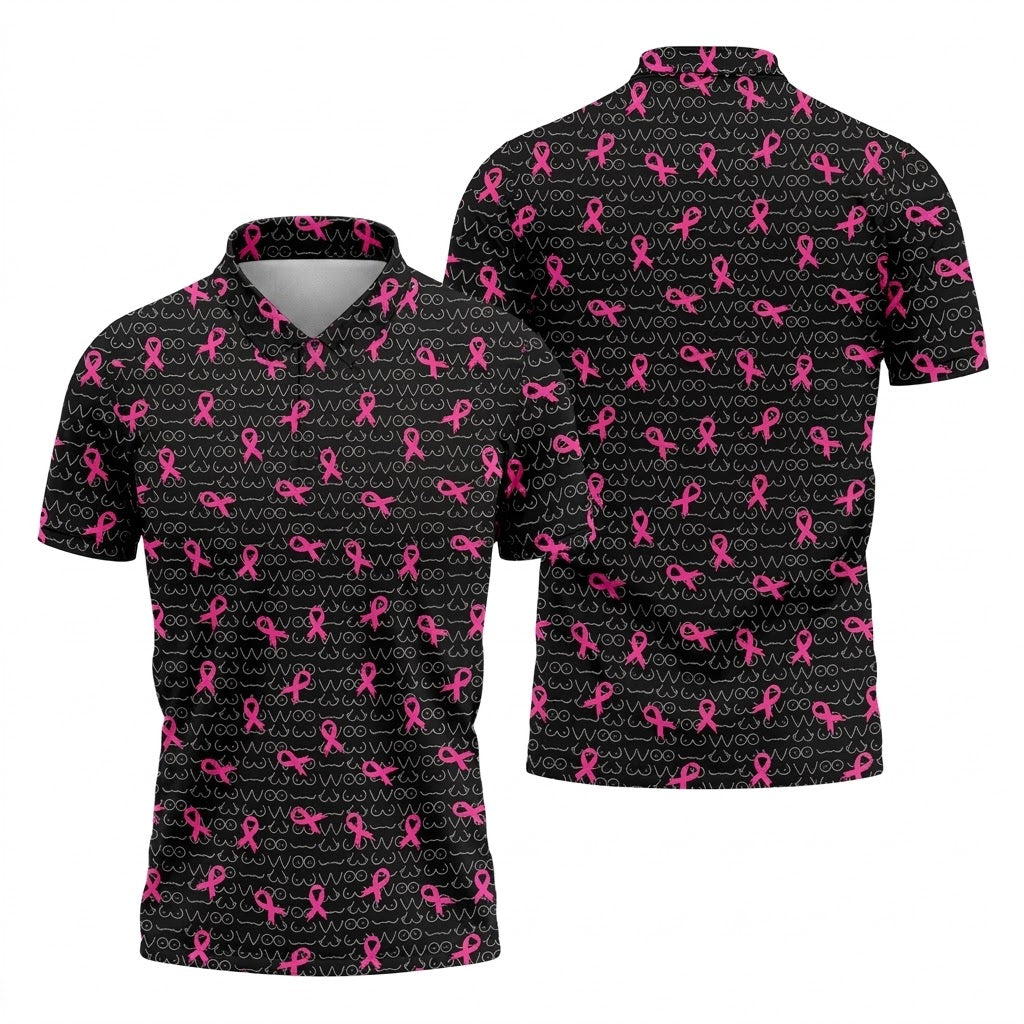 Black Golf Polo with Pink Ribbon, Men's Golf Polo Shirt, Breast Cancer Awareness Shirt, Funny Golf Shirt