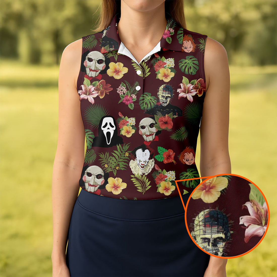 Floral Halloween Horror Character Hawaiian Golf Shirt, Women's Golf Tops, Golf Shirts For Women