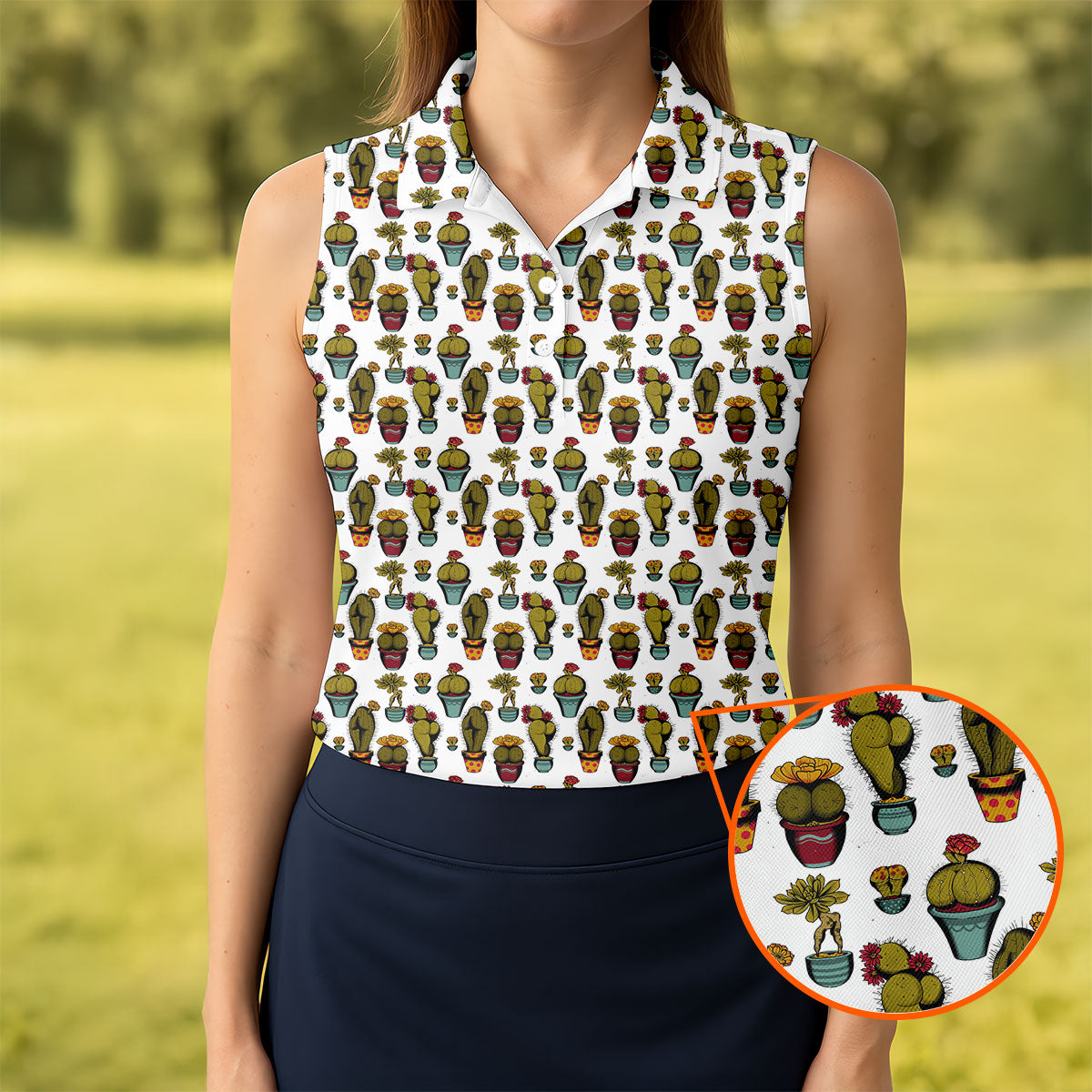 Cute Potted Cactus Pattern Golf Polo Shirt, Ladies Golf Tops, Women's Golf Polo