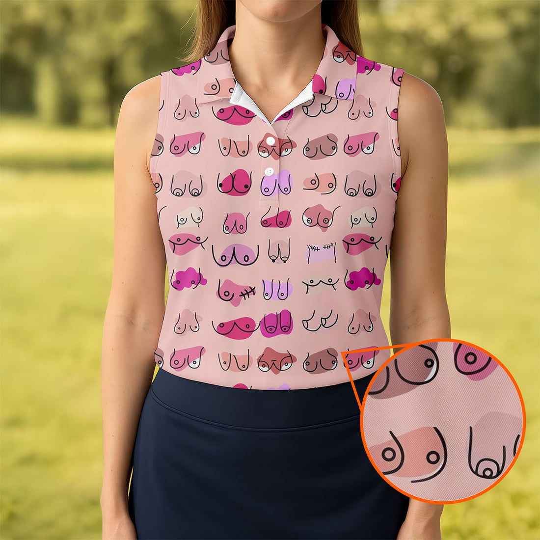 Pink Funny Boob Pattern Golf Polo Shirt, Women's Golf Tops, Golf Polo For Women