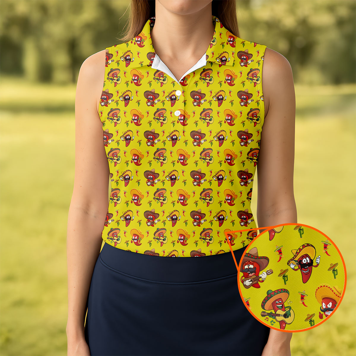Cartoon Chili Pepper Mexican Sombrero Cinco De Mayo Celebration Fiesta Themed Golf Shirt For Women