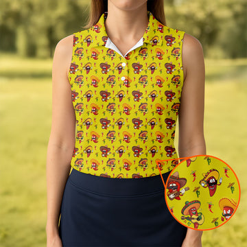 Cartoon Chili Pepper Mexican Sombrero Cinco De Mayo Celebration Fiesta Themed Golf Shirt For Women