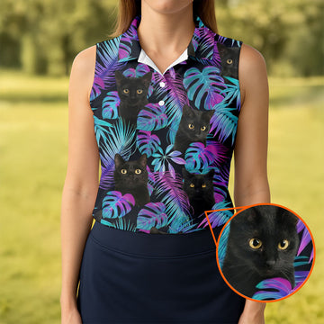 Funny Black Cat Purple Blue Gradient Hawaiian Golf Shirt, Golf Shirt For Women