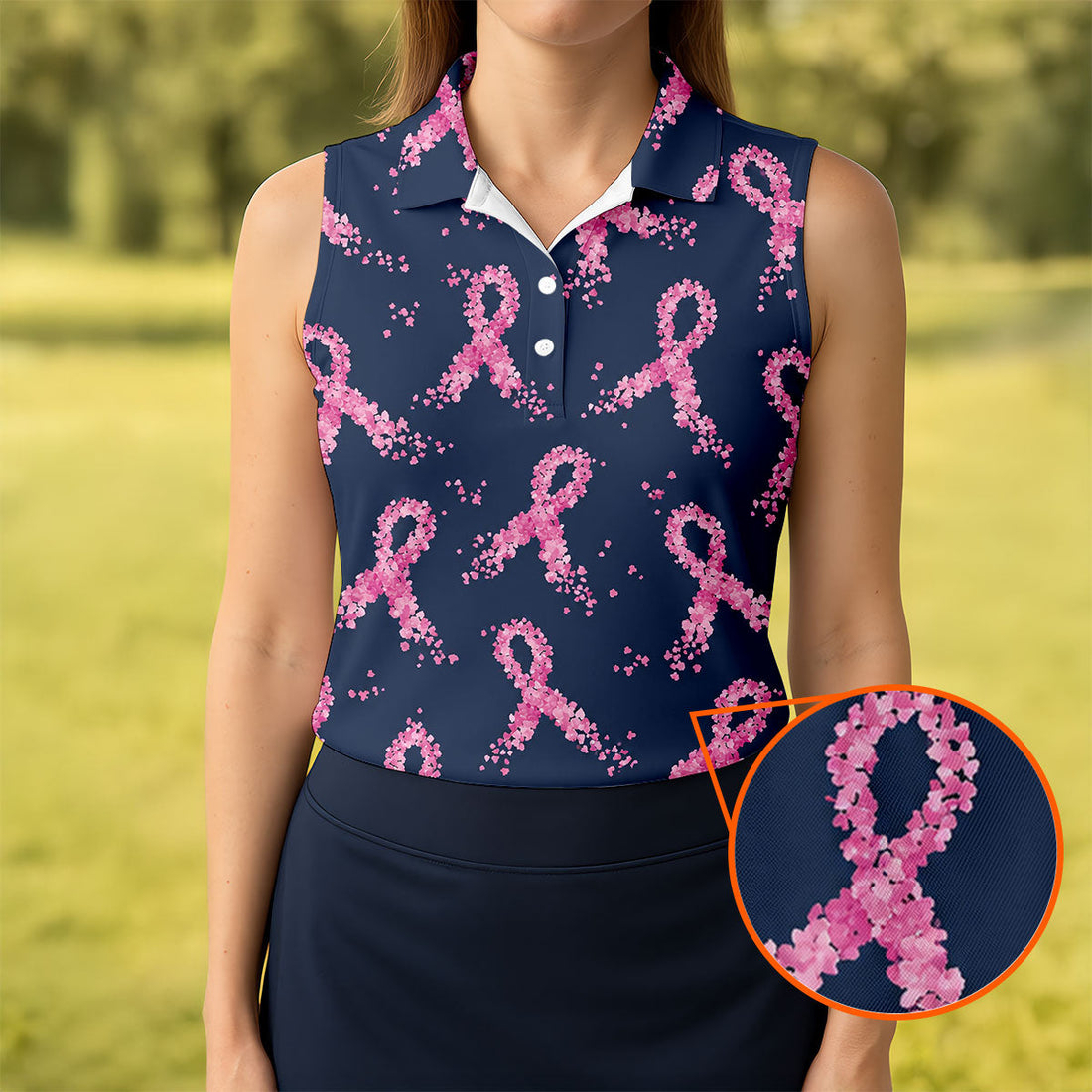Pink Floral Ribbon Breast Cancer Awareness Polo Shirt, Ladies Golf Shirt, Performance Golf Shirt