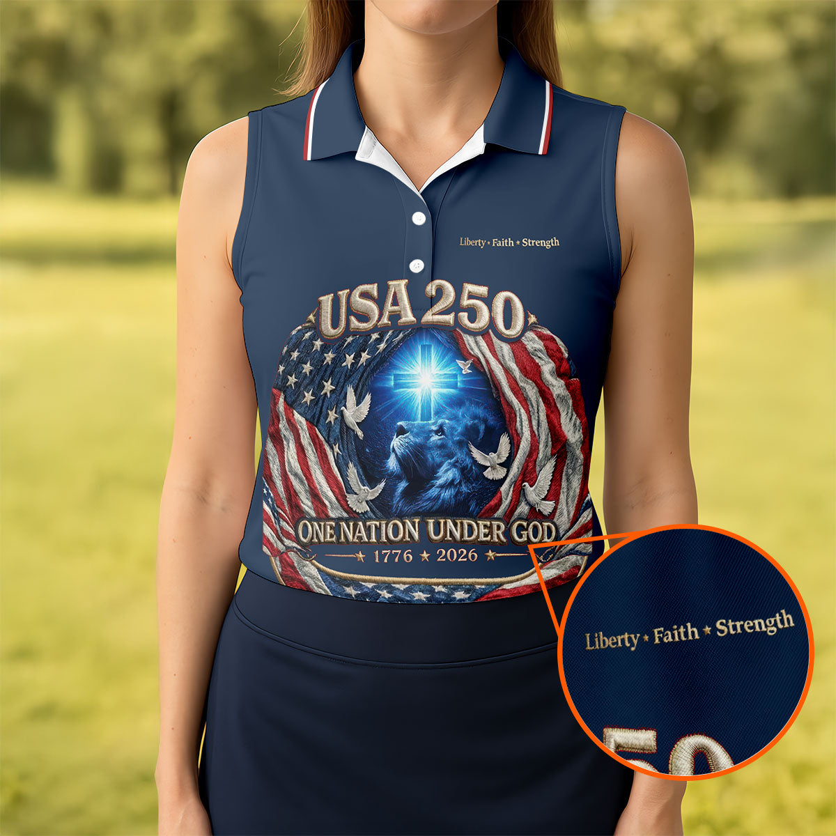 One Nation Under God Faith Cross USA 250 Navy Golf Shirt, 4th Of July Golf Shirt For Women