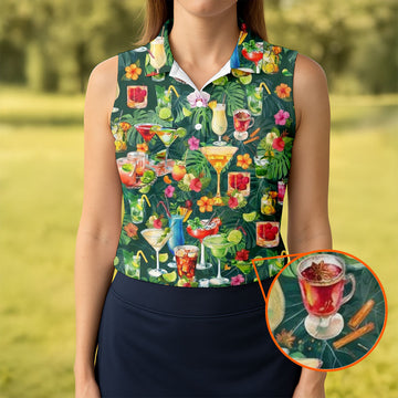 Tropical Cocktail Drinks And Floral Paradise Golf Polo, Hawaiian Golf Shirt, Ladies Golf Tops