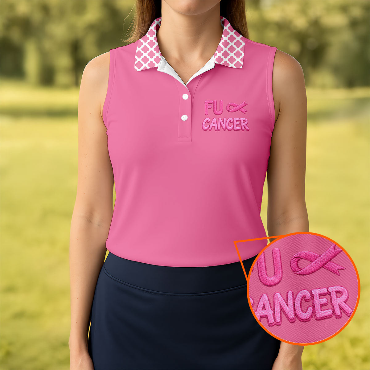 Pink F Cancer Skeleton Middle Finger Breast Cancer Polo Shirt, Ladies Golf Tops, Women’s Golf Polo