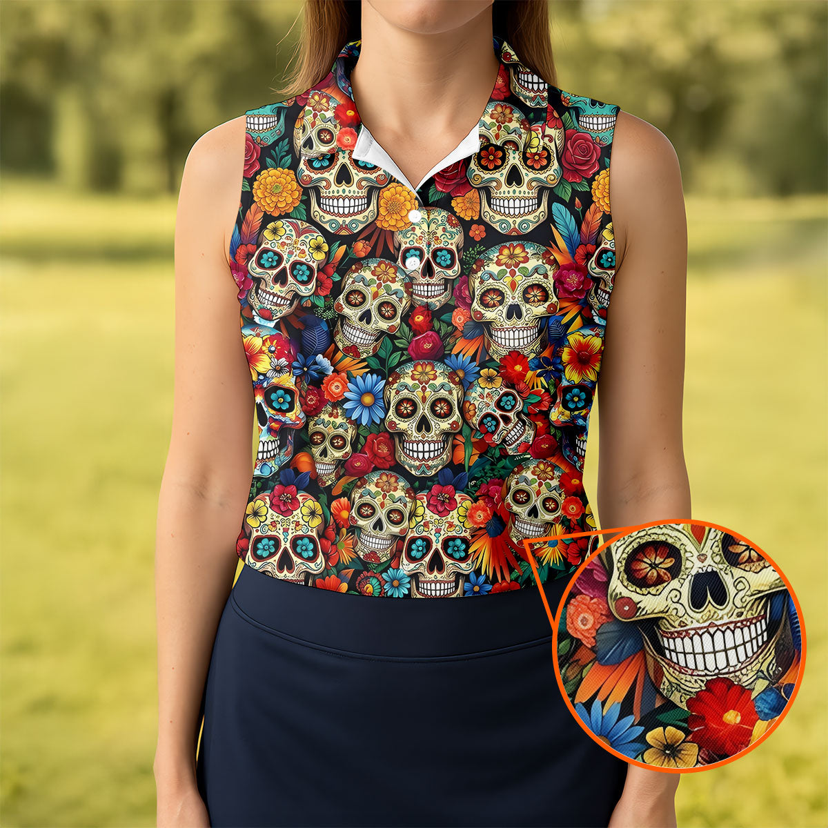 Decorated Skulls Cinco De Mayo Celebration Fiesta Themed Floral Pattern Golf Shirt For Women