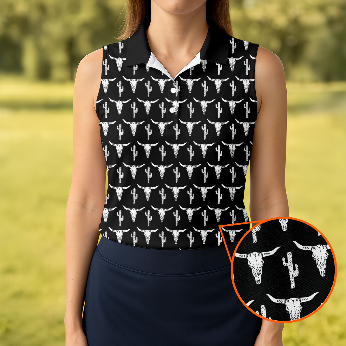 Longhorn Cow Skull Western Theme Black Women Golf Top, Ladies Golf Shirts, Golf Shirt For Women